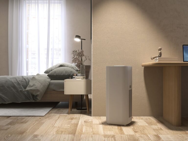 White,Modern,Design,Air,Purifier,,Dehumidifier,By,Working,Desk,In
